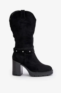 Best Kozaki Damskie Do Połowy Łydki Na Słupku Ocieplane Czarne Ivanelis Damskie Kozaki Ocieplane|Kozaki Na Słupku