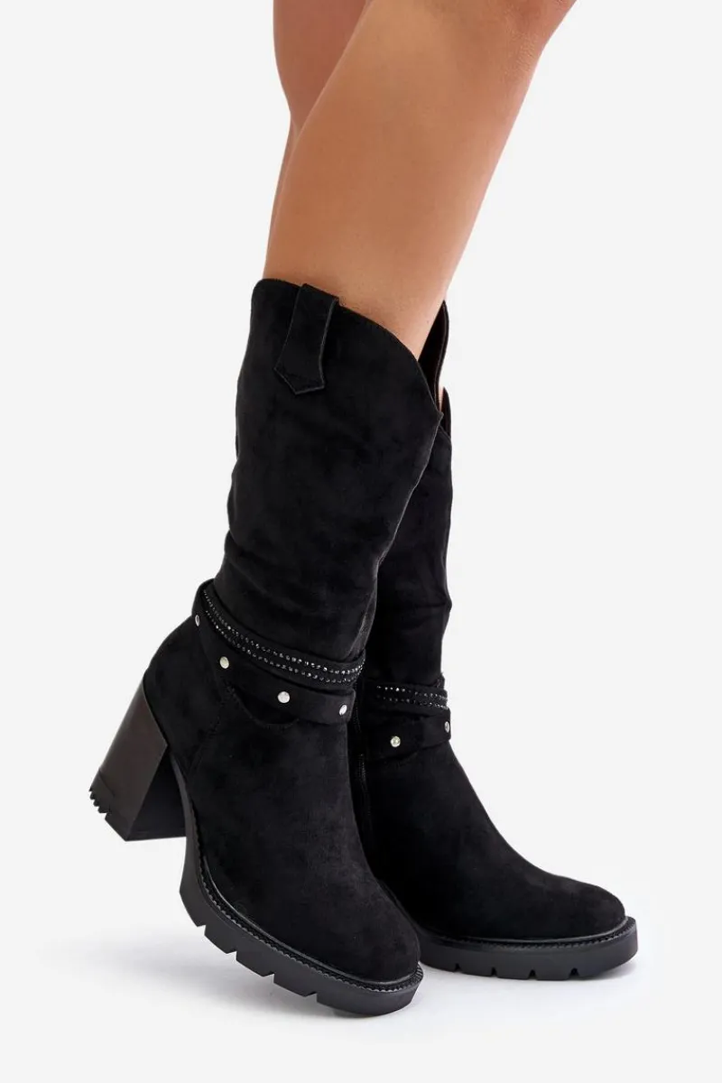 Best Kozaki Damskie Do Połowy Łydki Na Słupku Ocieplane Czarne Ivanelis Damskie Kozaki Ocieplane|Kozaki Na Słupku