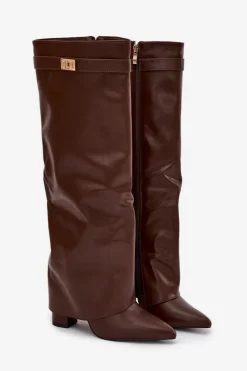 Sale Kozaki Damskie Eko Skórzane Z Wywiniętą Cholewką Na Słupku Brązowe Avamora Damskie Kozaki Ocieplane|Kozaki Na Słupku