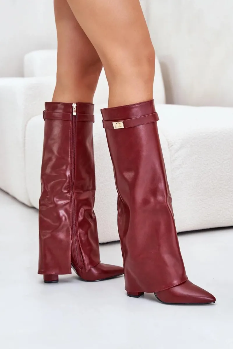 Kozaki Ocieplane|Kozaki Na Słupku>Boto Kozaki Damskie Eko Skórzane Z Wywiniętą Cholewką Na Słupku Bordowe Avamora Czerwony