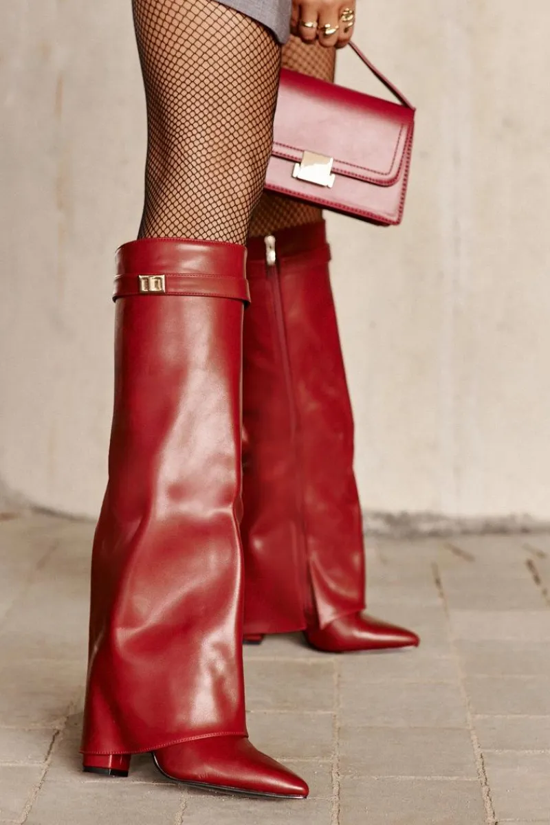 Kozaki Ocieplane|Kozaki Na Słupku>Boto Kozaki Damskie Eko Skórzane Z Wywiniętą Cholewką Na Słupku Bordowe Avamora Czerwony