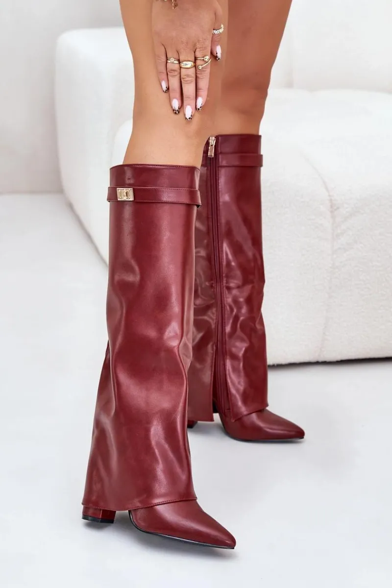 Kozaki Ocieplane|Kozaki Na Słupku>Boto Kozaki Damskie Eko Skórzane Z Wywiniętą Cholewką Na Słupku Bordowe Avamora Czerwony