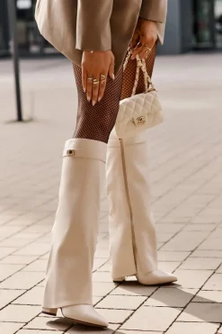 Online Kozaki Damskie Eko Skórzane Z Wywiniętą Cholewką Na Słupku Jasnobeżowe Avamora Damskie Kozaki Z Wywiniętą Cholewką|Kozaki Przed Kolano