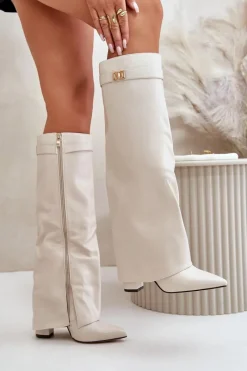 Online Kozaki Damskie Eko Skórzane Z Wywiniętą Cholewką Na Słupku Jasnobeżowe Avamora Damskie Kozaki Z Wywiniętą Cholewką|Kozaki Przed Kolano