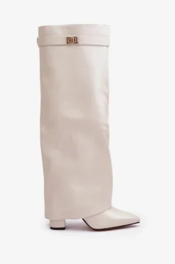 Online Kozaki Damskie Eko Skórzane Z Wywiniętą Cholewką Na Słupku Jasnobeżowe Avamora Damskie Kozaki Z Wywiniętą Cholewką|Kozaki Przed Kolano