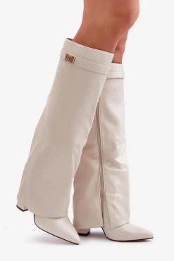 Online Kozaki Damskie Eko Skórzane Z Wywiniętą Cholewką Na Słupku Jasnobeżowe Avamora Damskie Kozaki Z Wywiniętą Cholewką|Kozaki Przed Kolano
