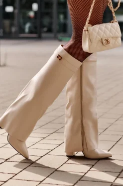 Online Kozaki Damskie Eko Skórzane Z Wywiniętą Cholewką Na Słupku Jasnobeżowe Avamora Damskie Kozaki Z Wywiniętą Cholewką|Kozaki Przed Kolano