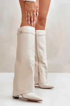 Online Kozaki Damskie Eko Skórzane Z Wywiniętą Cholewką Na Słupku Jasnobeżowe Avamora Damskie Kozaki Z Wywiniętą Cholewką|Kozaki Przed Kolano