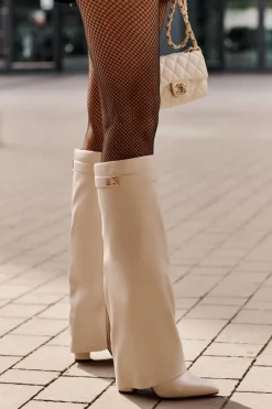 Online Kozaki Damskie Eko Skórzane Z Wywiniętą Cholewką Na Słupku Jasnobeżowe Avamora Damskie Kozaki Z Wywiniętą Cholewką|Kozaki Przed Kolano