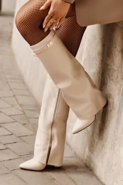 Online Kozaki Damskie Eko Skórzane Z Wywiniętą Cholewką Na Słupku Jasnobeżowe Avamora Damskie Kozaki Z Wywiniętą Cholewką|Kozaki Przed Kolano