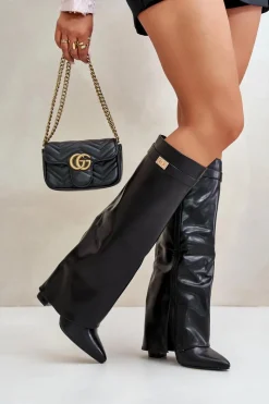 Clearance Boto Kozaki Damskie Eko Skórzane Z Wywiniętą Cholewką Na Słupku Czarne Avamora