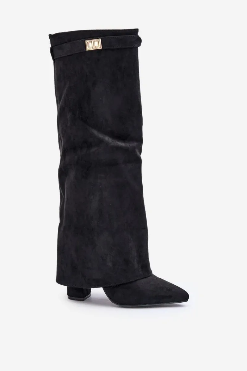 Kozaki Ocieplane|Kozaki Na Słupku>Boto Kozaki Damskie Eko Zamszowe Z Wywiniętą Cholewką Na Słupku Czarne Bralise Czarny