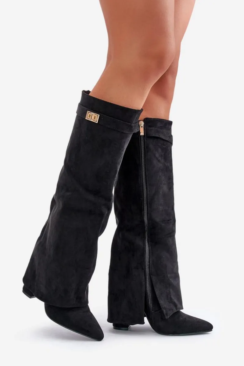 Kozaki Ocieplane|Kozaki Na Słupku>Boto Kozaki Damskie Eko Zamszowe Z Wywiniętą Cholewką Na Słupku Czarne Bralise Czarny