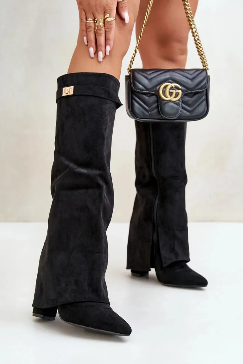 Kozaki Ocieplane|Kozaki Na Słupku>Boto Kozaki Damskie Eko Zamszowe Z Wywiniętą Cholewką Na Słupku Czarne Bralise Czarny