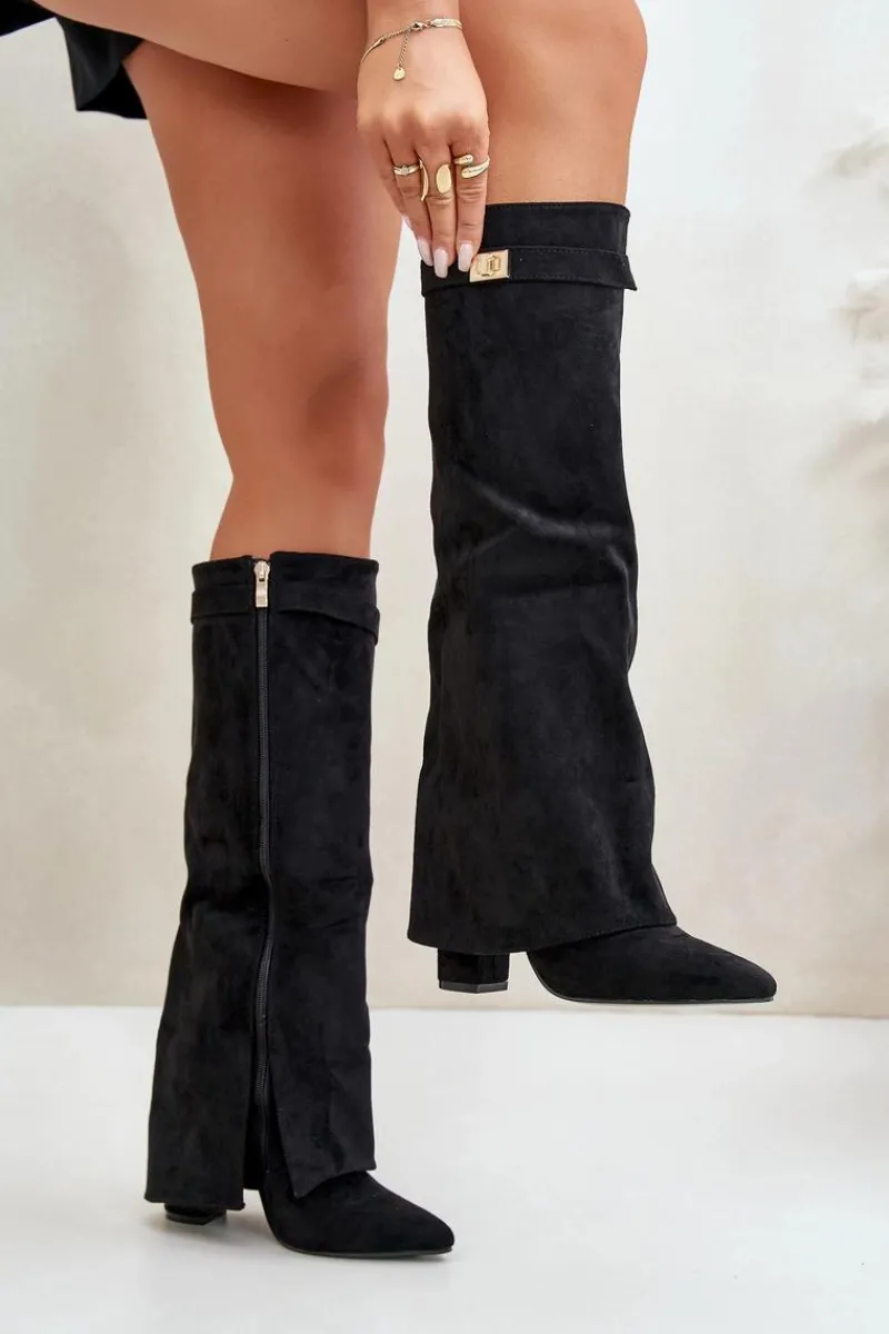 Kozaki Ocieplane|Kozaki Na Słupku>Boto Kozaki Damskie Eko Zamszowe Z Wywiniętą Cholewką Na Słupku Czarne Bralise Czarny