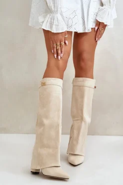 Outlet Kozaki Damskie Eko Zamszowe Z Wywiniętą Cholewką Na Słupku Beżowe Bralise Damskie Kozaki Ocieplane|Kozaki Na Słupku