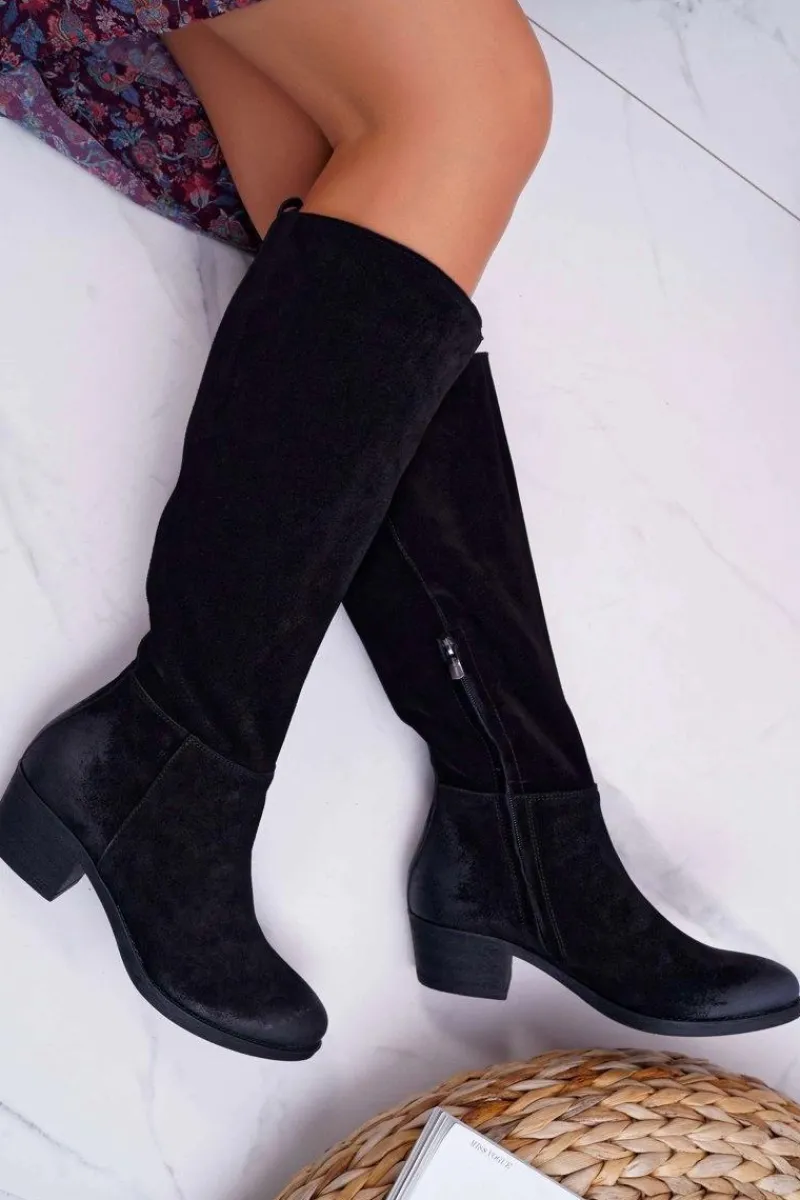 Kozaki Wiosenne|Kozaki Płaskie>Laura Messi Kozaki Damskie 2071 Skóra Zamsz Czarne This Love