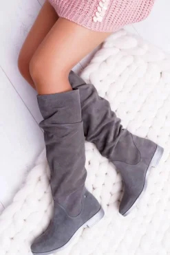 Outlet Maciejka Kozaki Damskie Skóra Zamsz Szare Pello