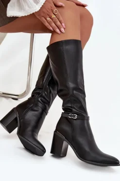 Best Kozaki Damskie Muszkieterki Ocieplane Na Słupku Z Klamrą Sergio Leone KZ25738 Czarne Damskie Kozaki Ocieplane|Kozaki Na Słupku