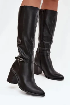 Best Kozaki Damskie Muszkieterki Ocieplane Na Słupku Z Klamrą Sergio Leone KZ25738 Czarne Damskie Kozaki Ocieplane|Kozaki Na Słupku