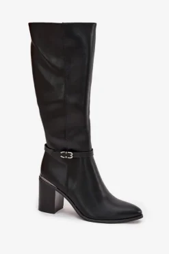 Best Kozaki Damskie Muszkieterki Ocieplane Na Słupku Z Klamrą Sergio Leone KZ25738 Czarne Damskie Kozaki Ocieplane|Kozaki Na Słupku