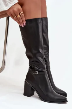 Best Kozaki Damskie Muszkieterki Ocieplane Na Słupku Z Klamrą Sergio Leone KZ25738 Czarne Damskie Kozaki Ocieplane|Kozaki Na Słupku