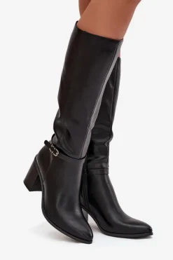 Best Kozaki Damskie Muszkieterki Ocieplane Na Słupku Z Klamrą Sergio Leone KZ25738 Czarne Damskie Kozaki Ocieplane|Kozaki Na Słupku