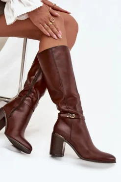 Outlet Buty Sergio Leone Kozaki Damskie Muszkieterki Ocieplane Na Słupku Z Klamrą Sergio Leone KZ25738 Brązowe