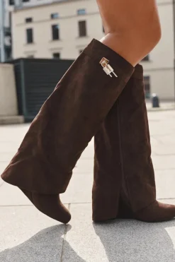 Online Kozaki Damskie Na Koturnie Z Paskiem I Srebrnym Detalem Czekoladowe Korivelle Damskie Kozaki Ocieplane|Kozaki Na Koturnie