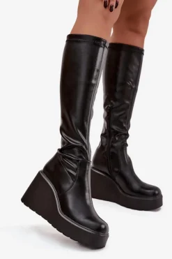 Sale Boto Kozaki Damskie Na Koturnie Czarne Terisse