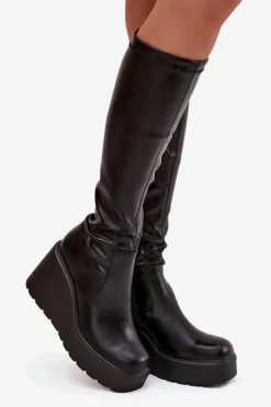 Sale Boto Kozaki Damskie Na Koturnie Czarne Terisse