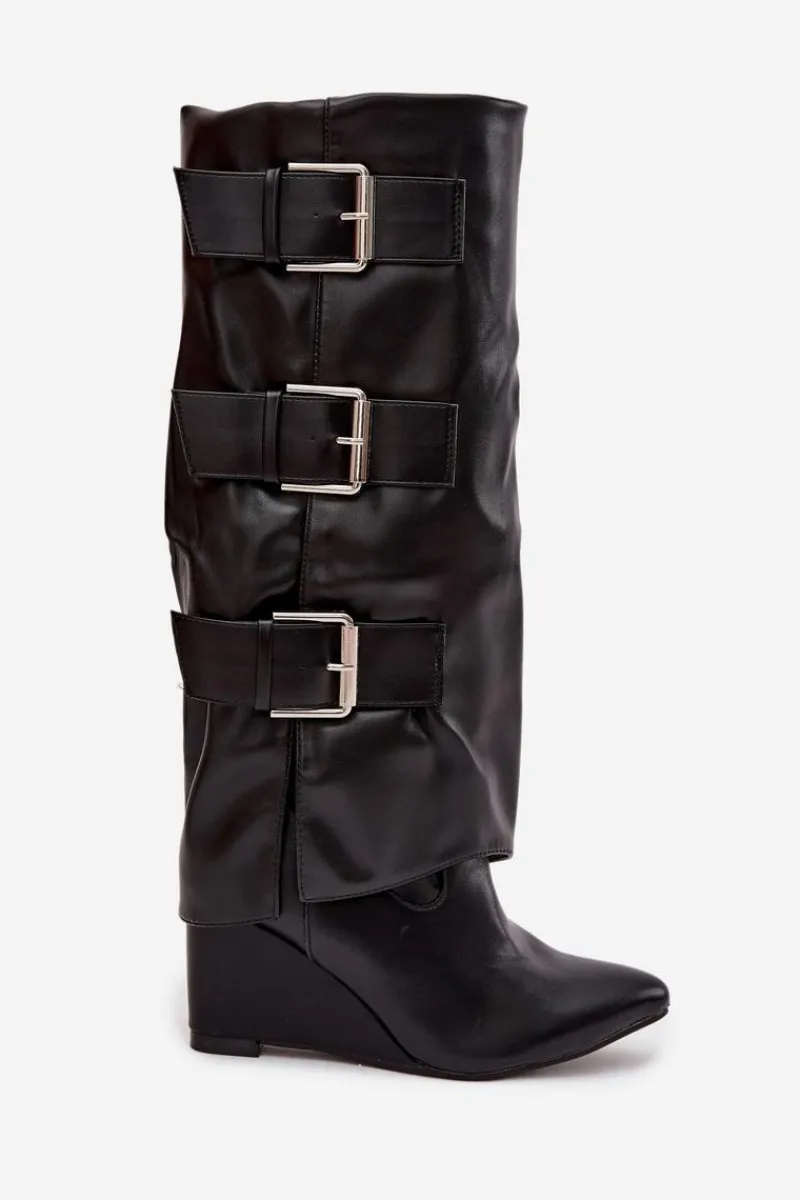 Kozaki Ocieplane|Kozaki Na Koturnie>Boto Kozaki Damskie Na Koturnie Z Wywiniętą Cholewką I Srebrnymi Klamrami Czarne Sarisse