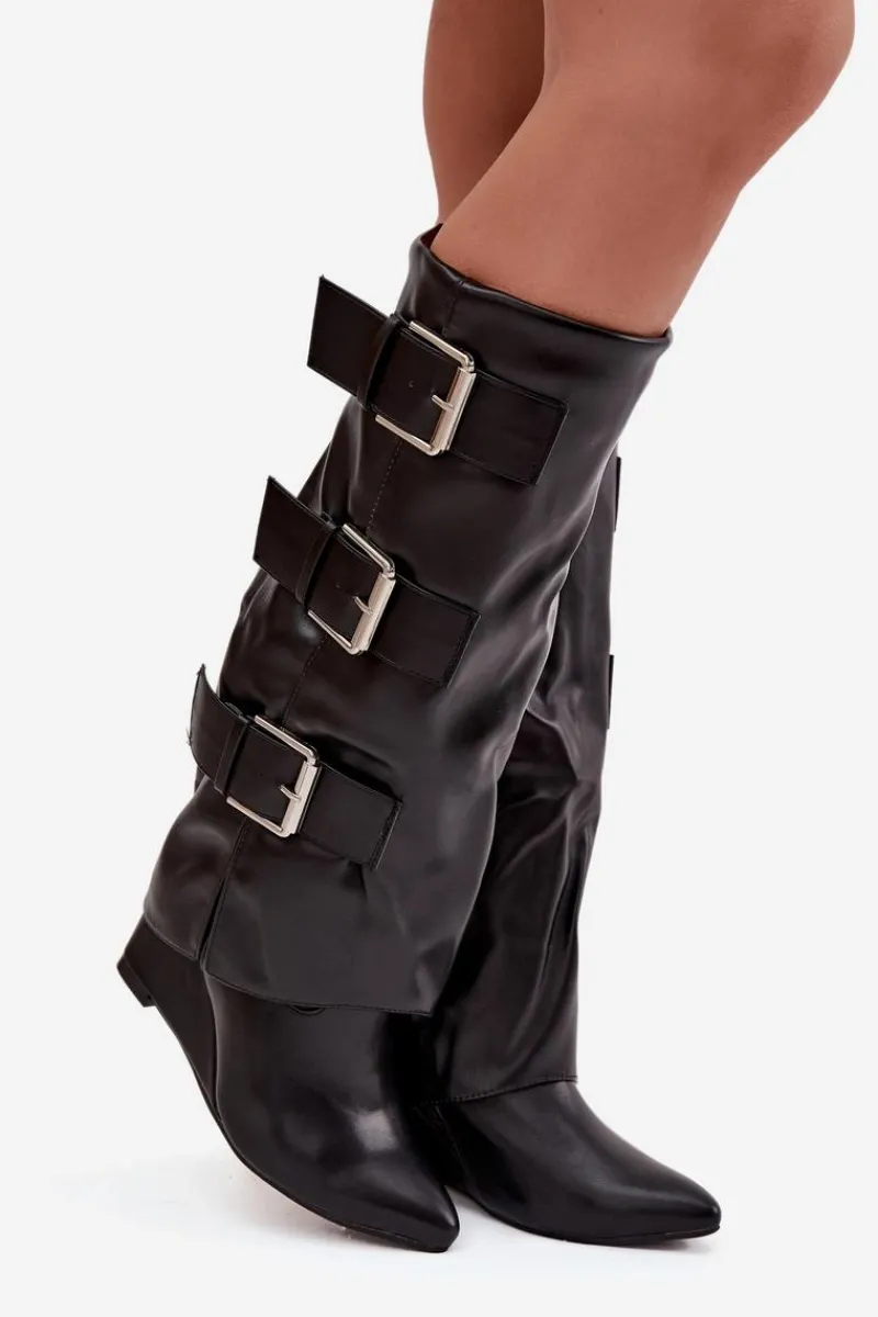 Kozaki Ocieplane|Kozaki Na Koturnie>Boto Kozaki Damskie Na Koturnie Z Wywiniętą Cholewką I Srebrnymi Klamrami Czarne Sarisse