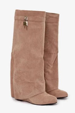 Sale Kozaki Damskie Na Koturnie Z Paskiem I Srebrnym Detalem Beżowe Korivelle Damskie Kozaki Ocieplane|Kozaki Na Koturnie