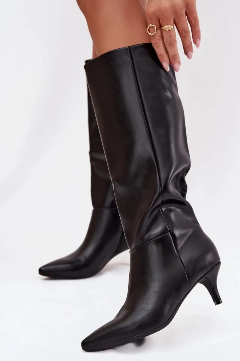 Kozaki Ocieplane|Kozaki Na Szpilce>Boto Kozaki Damskie Na Niskiej Szpilce Ocieplane Z Eko Skóry Czarne Marcellia