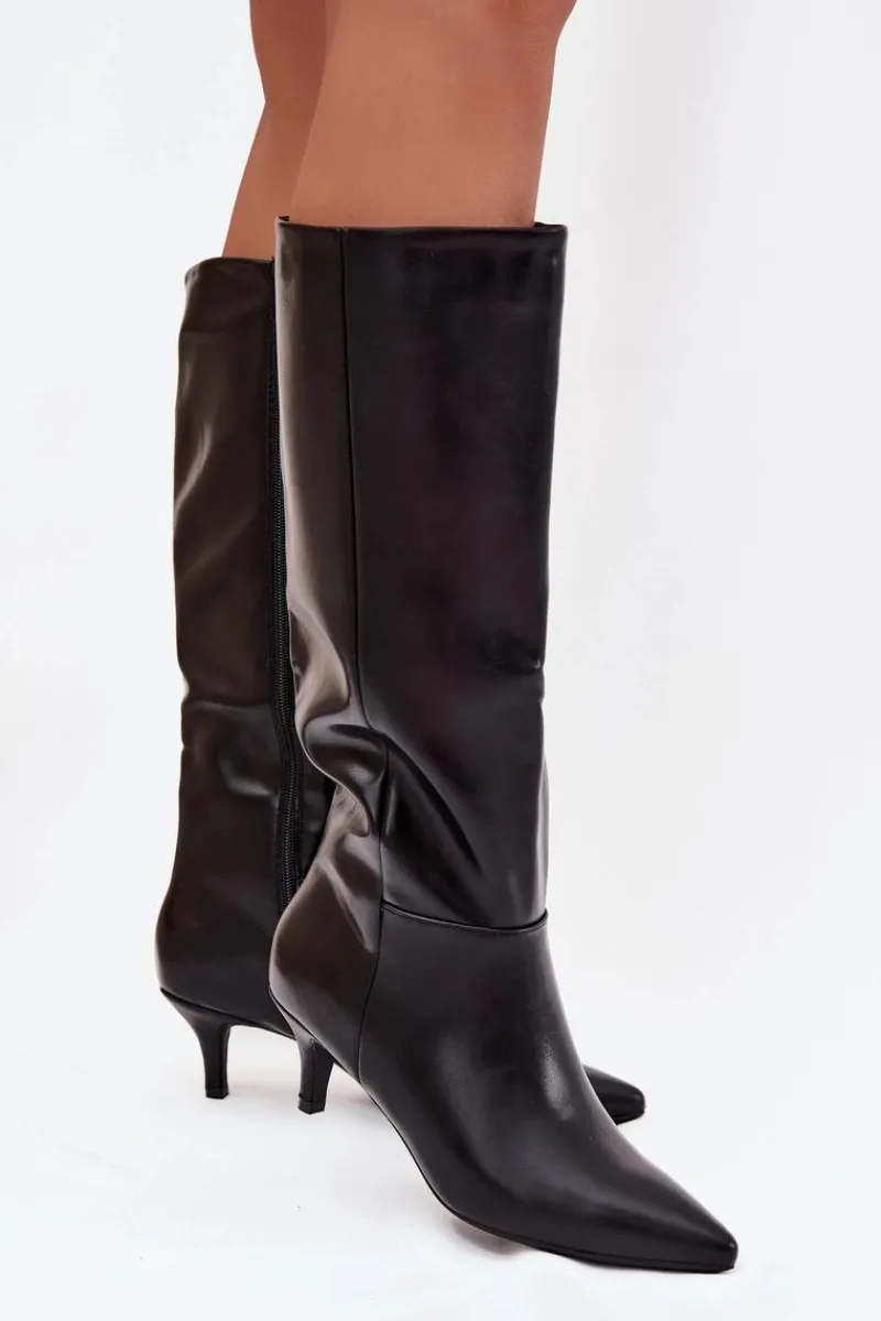 Kozaki Ocieplane|Kozaki Na Szpilce>Boto Kozaki Damskie Na Niskiej Szpilce Ocieplane Z Eko Skóry Czarne Marcellia