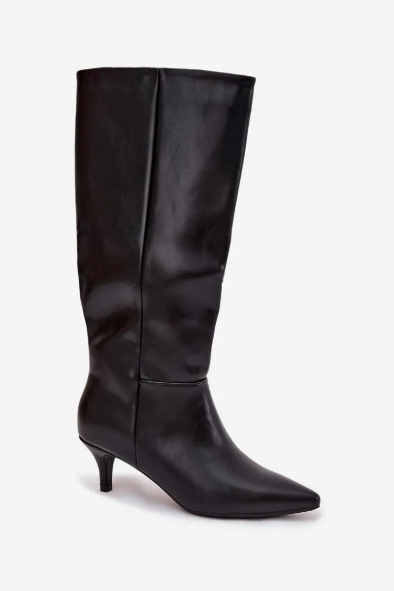 Kozaki Ocieplane|Kozaki Na Szpilce>Boto Kozaki Damskie Na Niskiej Szpilce Ocieplane Z Eko Skóry Czarne Marcellia