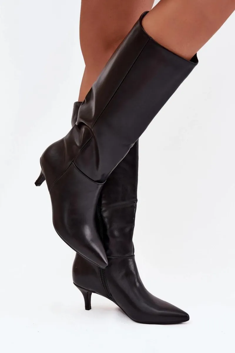 Kozaki Ocieplane|Kozaki Na Szpilce>Boto Kozaki Damskie Na Niskiej Szpilce Ocieplane Z Eko Skóry Czarne Marcellia