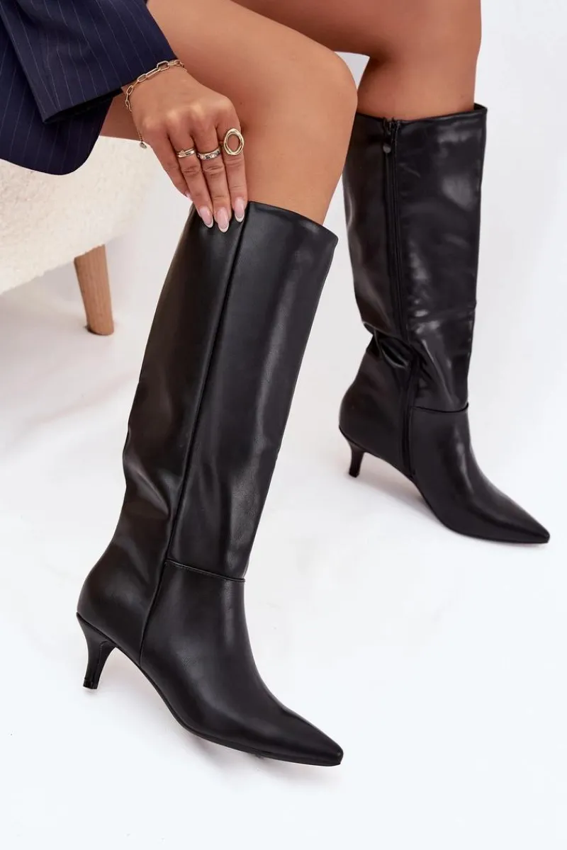 Kozaki Ocieplane|Kozaki Na Szpilce>Boto Kozaki Damskie Na Niskiej Szpilce Ocieplane Z Eko Skóry Czarne Marcellia