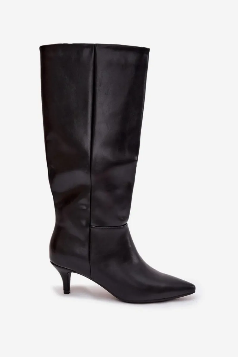 Kozaki Ocieplane|Kozaki Na Szpilce>Boto Kozaki Damskie Na Niskiej Szpilce Ocieplane Z Eko Skóry Czarne Marcellia