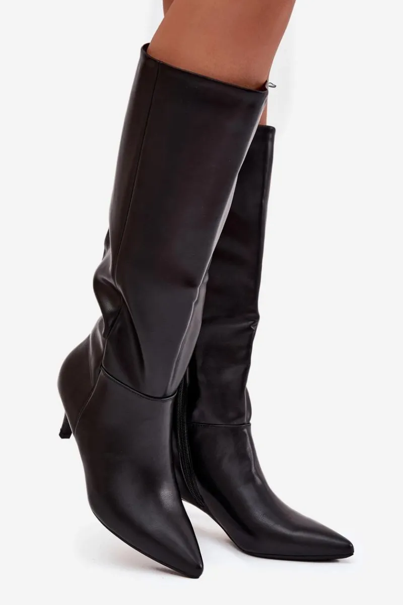 Kozaki Ocieplane|Kozaki Na Szpilce>Boto Kozaki Damskie Na Niskiej Szpilce Ocieplane Z Eko Skóry Czarne Marcellia