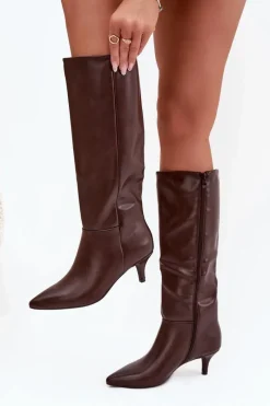 Online Boto Kozaki Damskie Na Niskiej Szpilce Ocieplane Z Eko Skóry Czekoladowe Marcellia