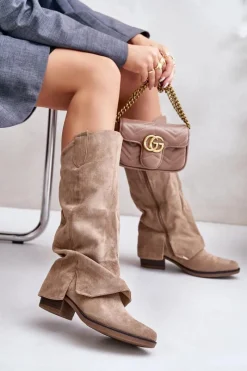 Hot Kozaki Damskie Na Niskim Obcasie Z Wywiniętą Cholewką Beżowe Stinova Damskie Kozaki Przed Kolano|Kozaki Na Obcasie