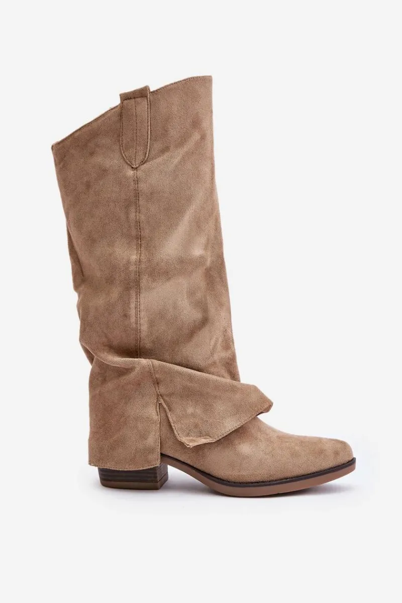 Hot Kozaki Damskie Na Niskim Obcasie Z Wywiniętą Cholewką Beżowe Stinova Damskie Kozaki Przed Kolano|Kozaki Na Obcasie