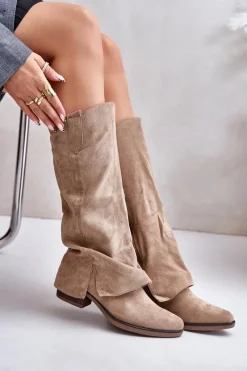 Hot Kozaki Damskie Na Niskim Obcasie Z Wywiniętą Cholewką Beżowe Stinova Damskie Kozaki Przed Kolano|Kozaki Na Obcasie
