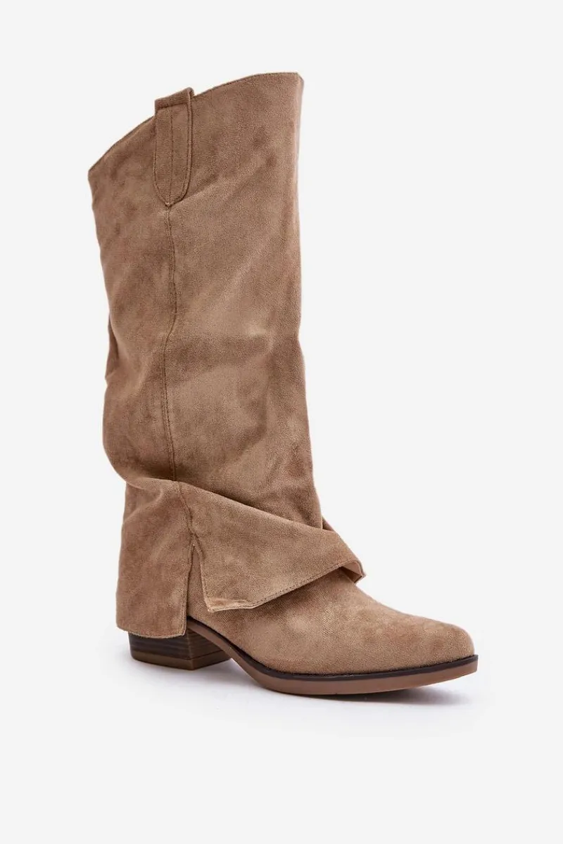 Hot Kozaki Damskie Na Niskim Obcasie Z Wywiniętą Cholewką Beżowe Stinova Damskie Kozaki Przed Kolano|Kozaki Na Obcasie