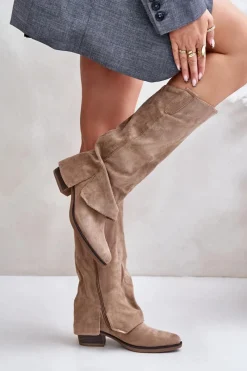 Hot Kozaki Damskie Na Niskim Obcasie Z Wywiniętą Cholewką Beżowe Stinova Damskie Kozaki Przed Kolano|Kozaki Na Obcasie