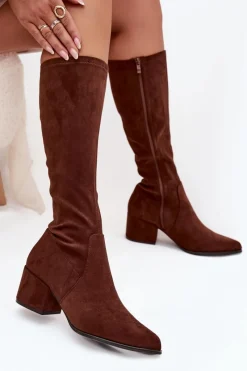 New Buty Sergio Leone Kozaki Damskie Na Niskim Obcasie Eko Zamszowe Sergio Leone KZ212 Brązowe