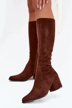 New Buty Sergio Leone Kozaki Damskie Na Niskim Obcasie Eko Zamszowe Sergio Leone KZ212 Brązowe