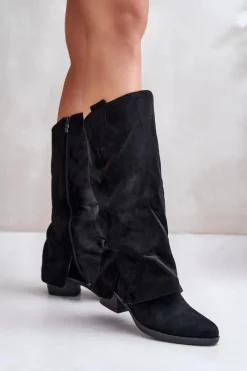 Online Boto Kozaki Damskie Na Niskim Obcasie Z Wywiniętą Cholewką Czarne Stinova Czarny